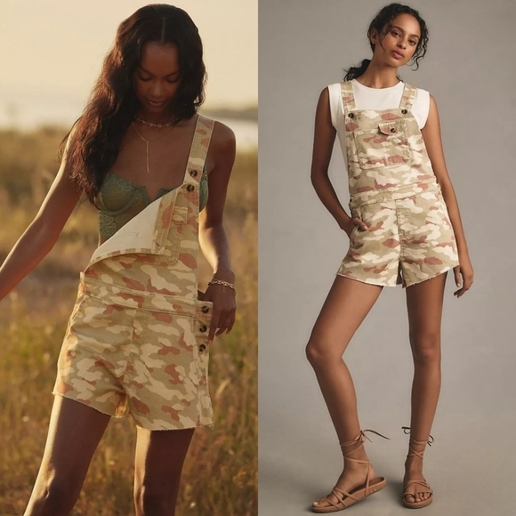Anthropologie Pilcro Camo Overalls Romper In Pastel Green Motif NWT - Picture 1 of 12